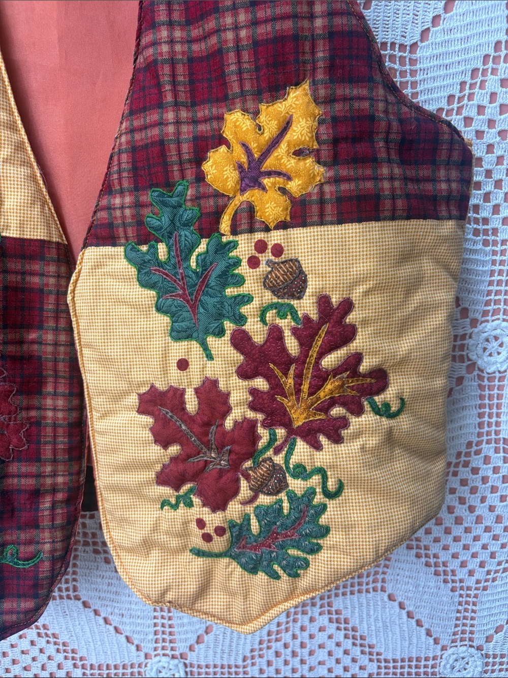Handmade Autumn Patchwork Vest Oak Leaves Acorns Plaid - Picture 2 of 7